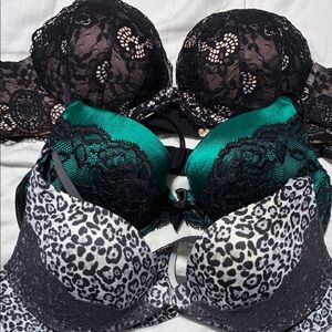 Victoria's Secret Lace and Satin Push-up Bra set of 3 - Black, Green, and Gray